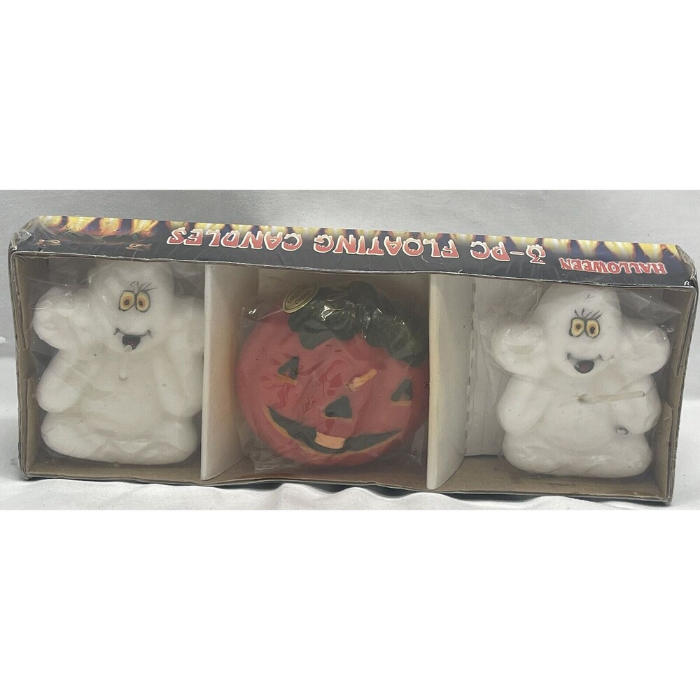 Vintage Halloween 3 Piece Floating Orange Jack O Lantern Pumpkin Candles RARE